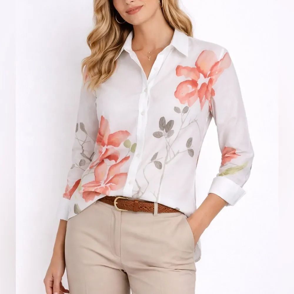 Chico’s Design Floral Button Front Shirt White Cotton Stretch Blouse Size S